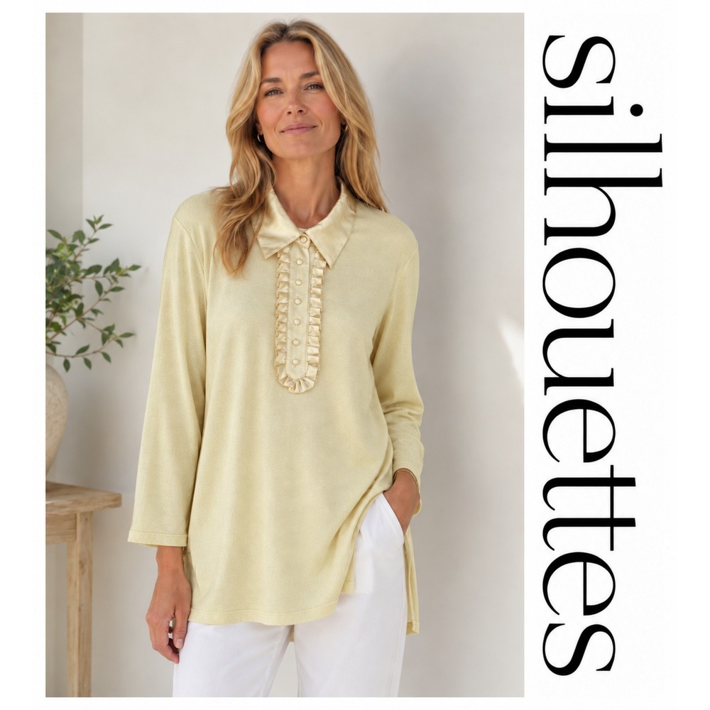 Silhouettes Butter Yellow Knit Satin Ruffled Trim Long Sleeve Tunic Top 3X NWT